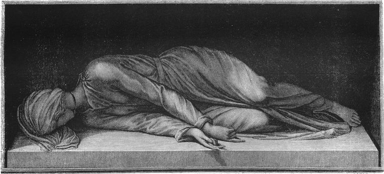 Statue of Saint Cecilia, by Etienne Modern, in the church of Siante in Trastevere Cecilia in Rome, vintage engraved illustration. Magasin Pittoresque 1847.
