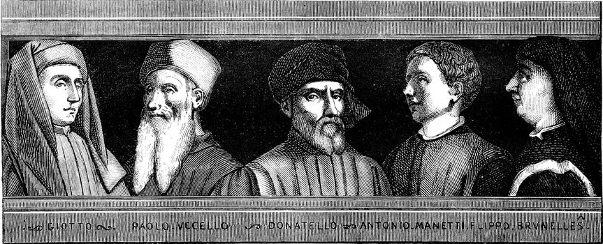Giotto, Paolo Uccello, Donatello, Antonio Manetti, Filippo Brunelleschi, vintage engraved illustration. Magasin Pittoresque 1852.
