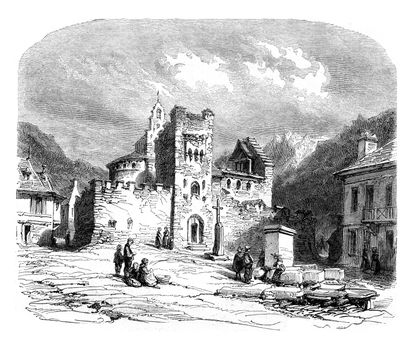 Church of the Knights Templar was Luz, vintage engraved illustration. Magasin Pittoresque 1852.
