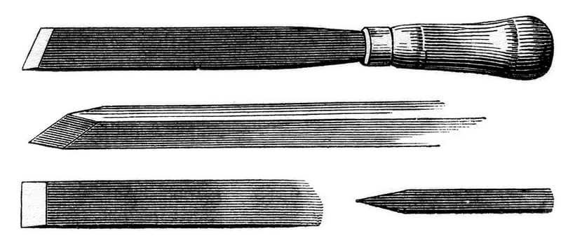 Chisel two bevels, vintage engraved illustration. Magasin Pittoresque 1853.

