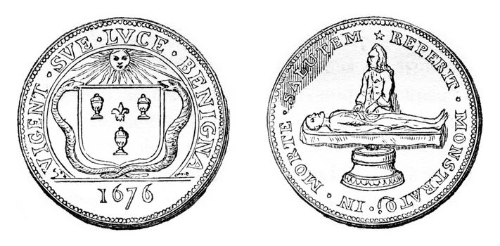 Other master surgeon token, At right, the weapons of the Faculty of surgery, vintage engraved illustration. Magasin Pittoresque 1857.
