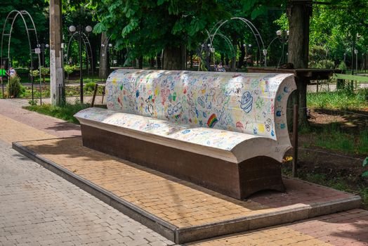 Odessa, Ukraine - 06.09.2019. Garden bench in Gorky Park in Odessa, Ukraine, on a sunny summer day