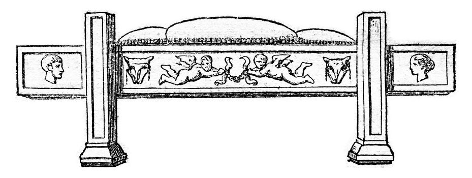 Funeral bed, after a Roman bas relief, vintage engraved illustration. Magasin Pittoresque 1867.
