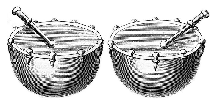 Timpani of war in 1536, vintage engraved illustration. Magasin Pittoresque 1869.
