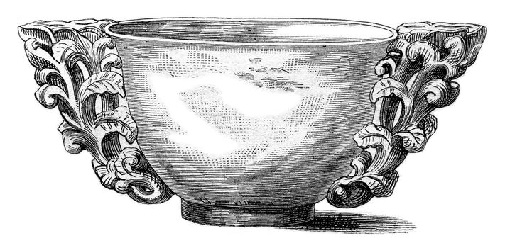 Cup offerings of the Chinese emperors, exhibited in 1869 at the Palace of Industry in Paris, vintage engraved illustration. Magasin Pittoresque 1870.
