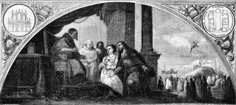 The patrician and his wife at the hearing of the Pope, painting by Murillo, the Madrid Museum, vintage engraved illustration. Magasin Pittoresque 1873.

