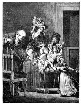 Old engraved illustration of The Happy Family drawing by Pauquet, based on Philibert-Louis Debucourt, 1874. Drawing of two woman, a man and two children playing on a horse. Le Magasin Pittoresque - 1874