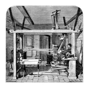  Weaving workshop in Lyon. - Drawing Jahandier, after Victor Grilat, vintage engraved illustration. Magasin Pittoresque 1875.