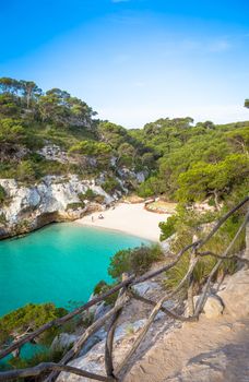 MENORCA, SPAIN - June 29, 2018: The most beautiful beach in Menorca during first hours of the day (07:00), summer season