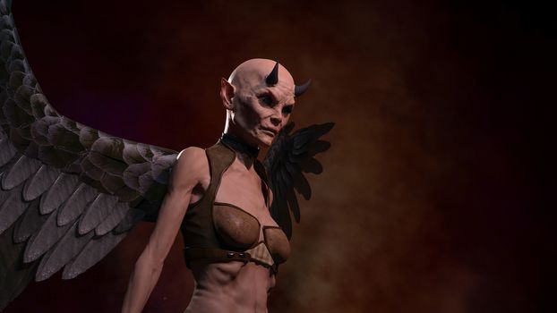 Horned female demon posing over red dark background - 3d rendering