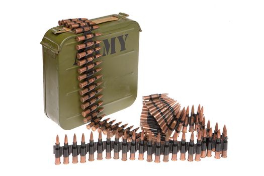 Metal belt with machinegun cartridges on isolated background