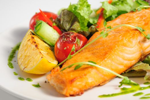 Grilled salmon and fresh vegetable salad at the plate