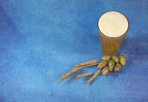 Glass of light wheat beer with penny and hops with ears on a blue abstract background. Close-up.