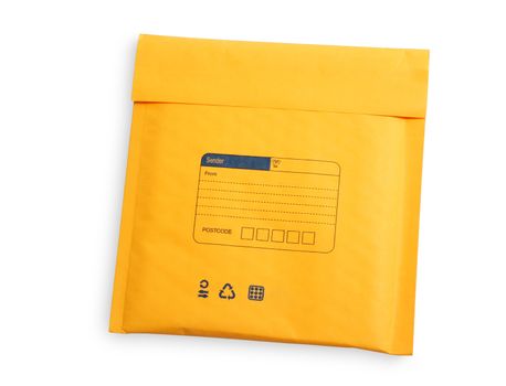 Yellow letter envelope with air bubble wrap for cd and dvd isolated over white background, clipping path.