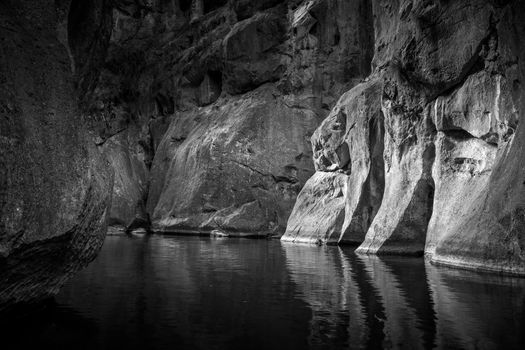 Part of the canyon at Wombeyan with late afternoon light hiting part of its rockface