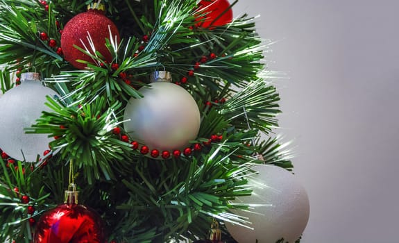 Close up of christmas tree decoration. Christmas and celebration concept