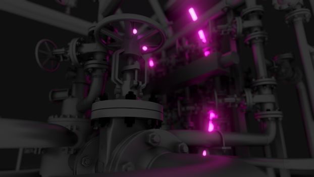 Abstract Industrial Equipment with Neon Lights. Ultraviolet light. 3D illustration