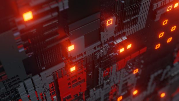 Abstract futuristic design. Tech wall with red bright elements. DOF effect. 3D illustration