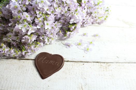 The picture shows cuckoo flowers with chocolate hearts.
