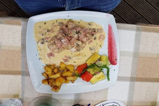 Meat tenderloin medallions with campionssouse and fried potatoes