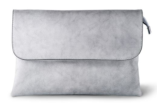 In front elegant gray female clutch bag isolated on white background