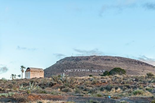 An historic gunpowder magazine in Victoria West in the Northern Cape Province. The name of the town is visible in the back
