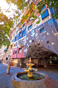 Colorful Hundertwasserhaus square architecture of Vienna view, capital od Austria