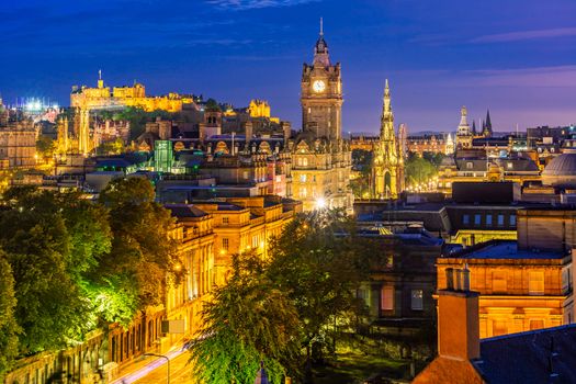 Edinburgh Cityscape from Calton Hill sunset dusk, Edinburgh, Scotland UK