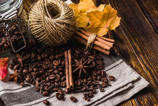 Coffee Beans, Autumn Dried Leaves and Spices Still Life
