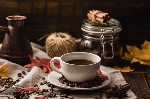 Coffee Cup and Kitchen Equipment on Wooden Table