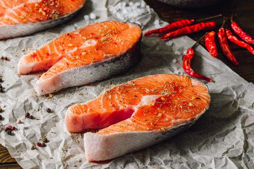 Salmon Steaks with Spices Prepared for Roasting.