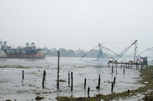 In India, Chinese fishing nets are fishing nets that are fixed land installations for fishing