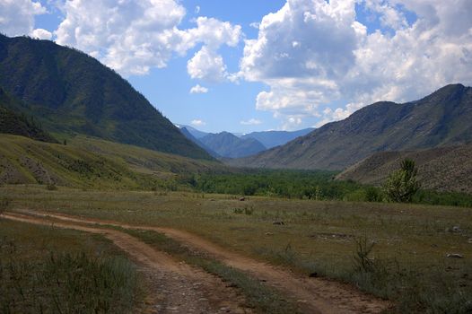 A winding field road running through the valley among the hills covered with an evergreen coniferous forest. Altai, Siberia, Russia.