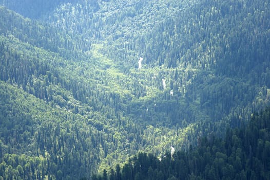 View from the top of the mountain to the river flowing through the valley at the foot of the mountains. Altai, Siberia, Russia.