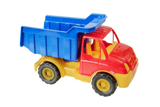 Multicolored plastic toy truck isolated on white background