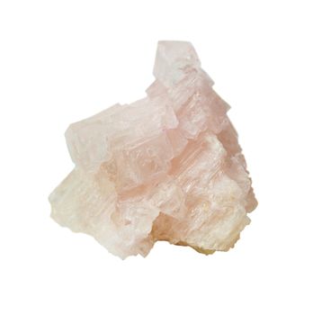 Geological sample of natural pink mineral of halite - table salt, crystals isolated on white background