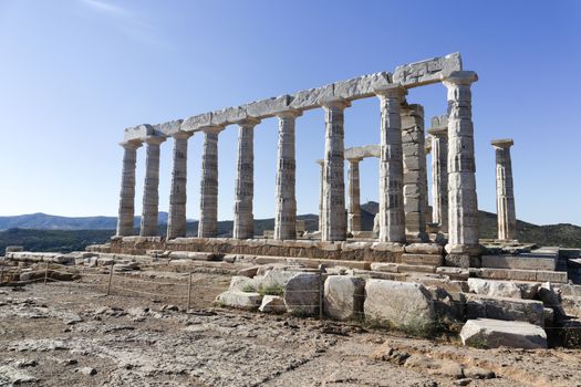 The Ancient Greek temple of Poseidon at Cape Sounion, Athens, Greece