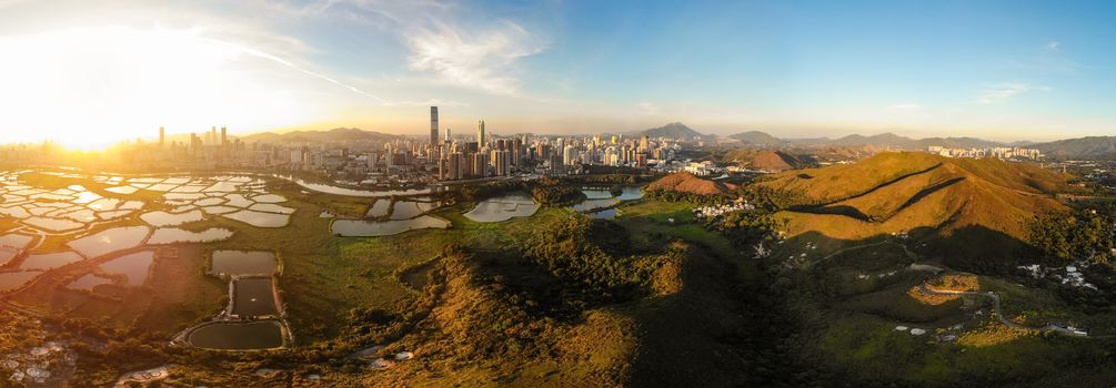 Skyline of Shenzhen City, China at twilight. Viewed from Hong Kong border