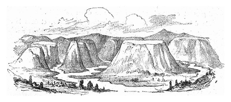 Erosion and denudation of a plateau by running water, vintage engraved illustration. From Natural Creation and Living Beings.
