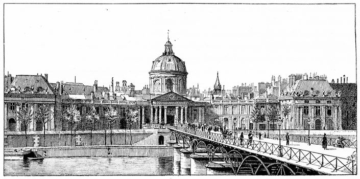 The palace of the Institute and the bridge of Arts, vintage engraved illustration. Paris - Auguste VITU – 1890.