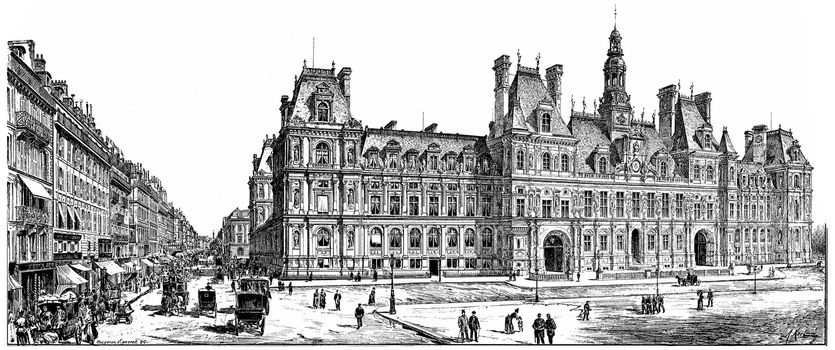 Rue de Rivoli and City Hall, vintage engraved illustration. Paris - Auguste VITU – 1890.