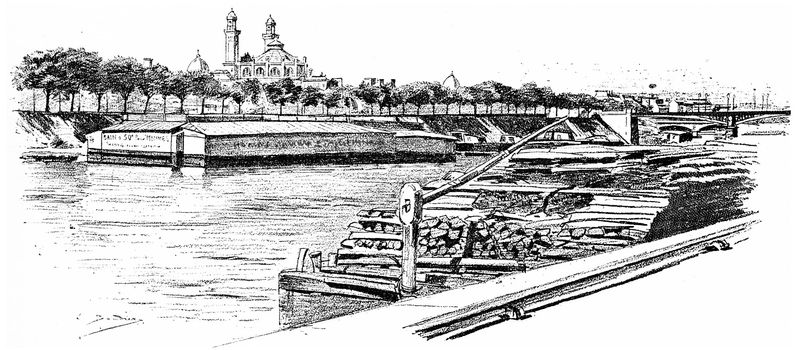 The Seine at Grenelle and the Isle of Swans, vintage engraved illustration. Paris - Auguste VITU – 1890.