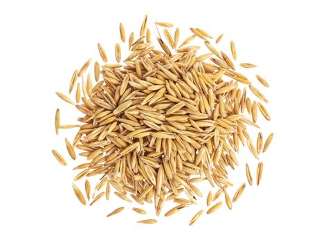 Pile of oat grains isolated on white background with clipping path. Top view