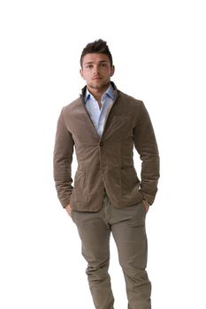 Handsome young man portrait, standing isolated on white, looking straight at camera