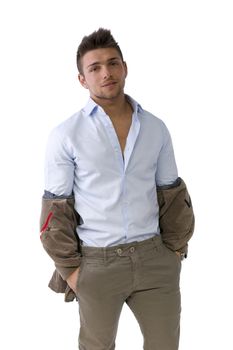 Handsome young man portrait, standing isolated on white, looking straight at camera