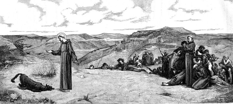 Saint Francis of Assisi and the wolf Gubbio, vintage engraved illustration. Magasin Pittoresque 1878.
