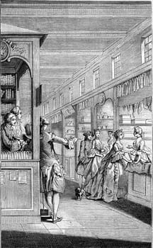 A Bookseller eighteenth century, vintage engraved illustration. Magasin Pittoresque 1882.
