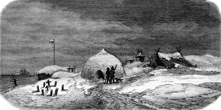 Observatory and the expedition huts of Vega Pitlekaie, vintage engraved illustration. Magasin Pittoresque 1880.
