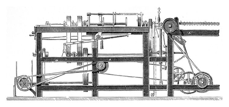 Machines for manufacturing the rope yarn by Mr Lawson, vintage engraved illustration. Industrial encyclopedia E.-O. Lami - 1875.

