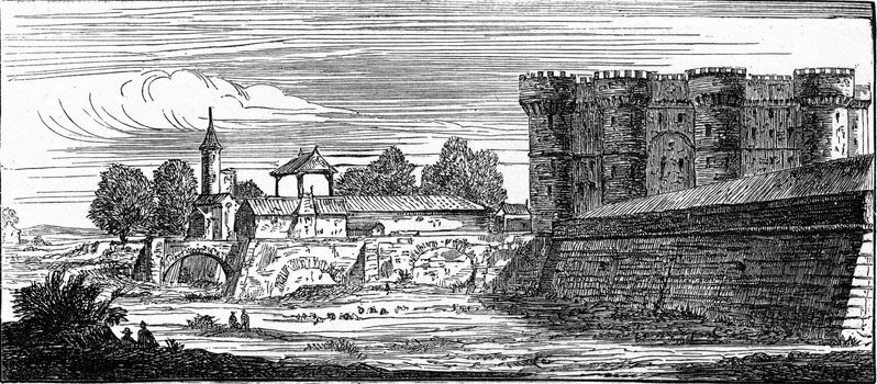 The Bastille, after an old engraving of the topography of Paris, vintage engraved illustration. Industrial encyclopedia E.-O. Lami - 1875.
